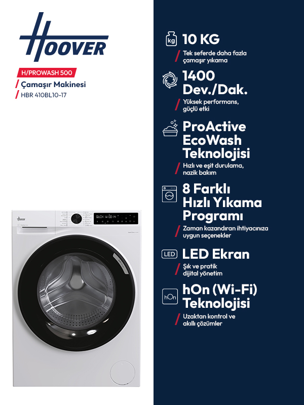 10 kg kapasiteli ve teknik özelliklere sahip Hoover H-Prowash 500 çamaşır makinesi.