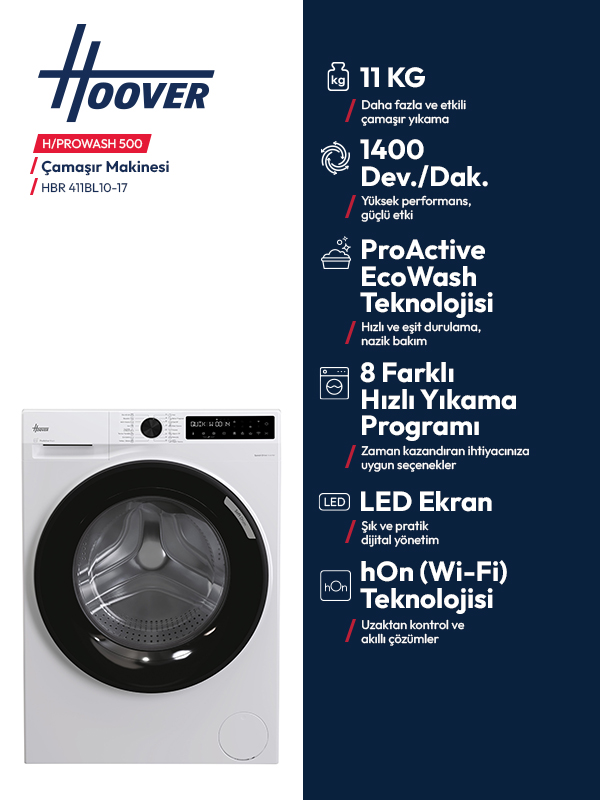 Mavi arka planda 11 kg kapasite ve LED ekran gibi özelliklere sahip beyaz Hoover çamaşır makinesi.