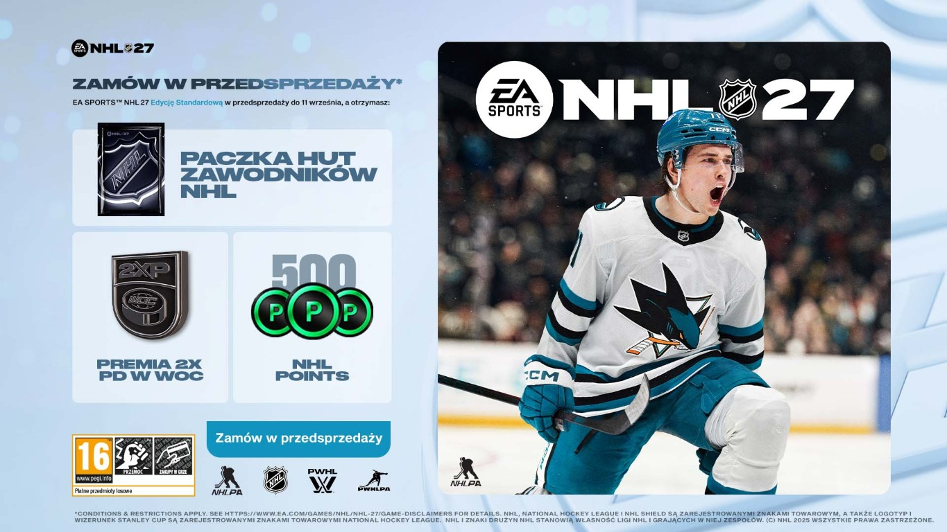Reklama EA Sports NHL 27 z hokeistą cieszącym się z wygranej i bonusami w przedsprzedaży.