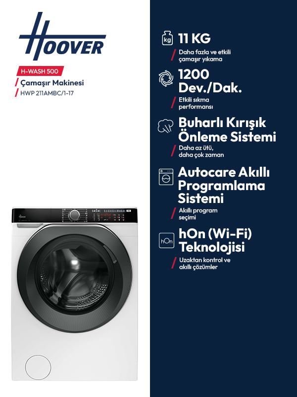 Koyu mavi arka planda 11 kg kapasiteli ve özellik infografikleri olan Hoover H-WASH 500 çamaşır makinesi.