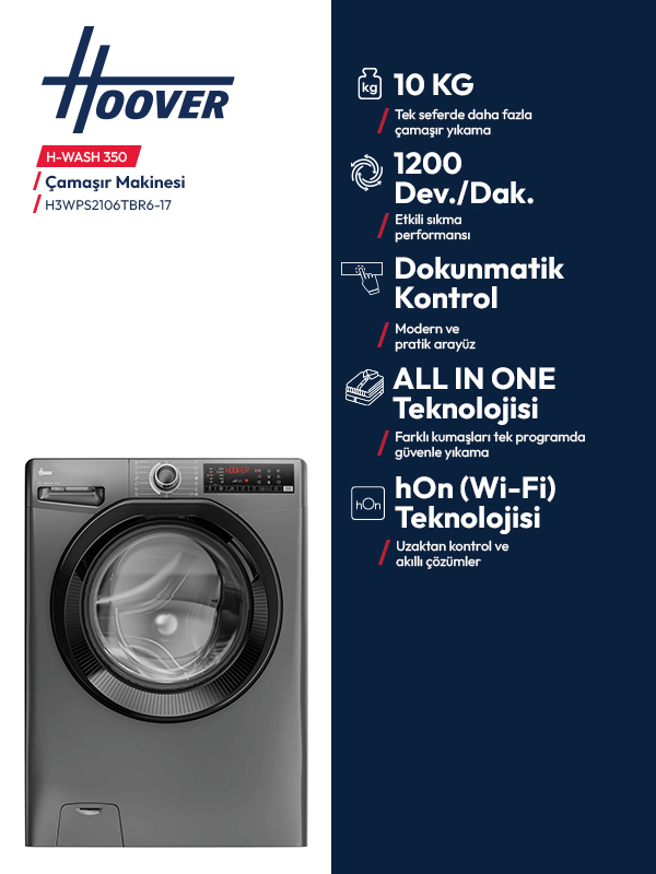 Tanıtım afişinde 10kg, 1200 Devir ve dokunmatik kontrollü gri Hoover H-WASH 350 çamaşır makinesi.