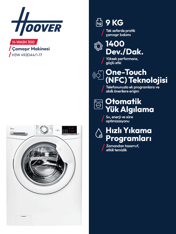 9 kg kapasite ve NFC teknolojisine sahip beyaz Hoover H-WASH 300 çamaşır makinesi reklamı.