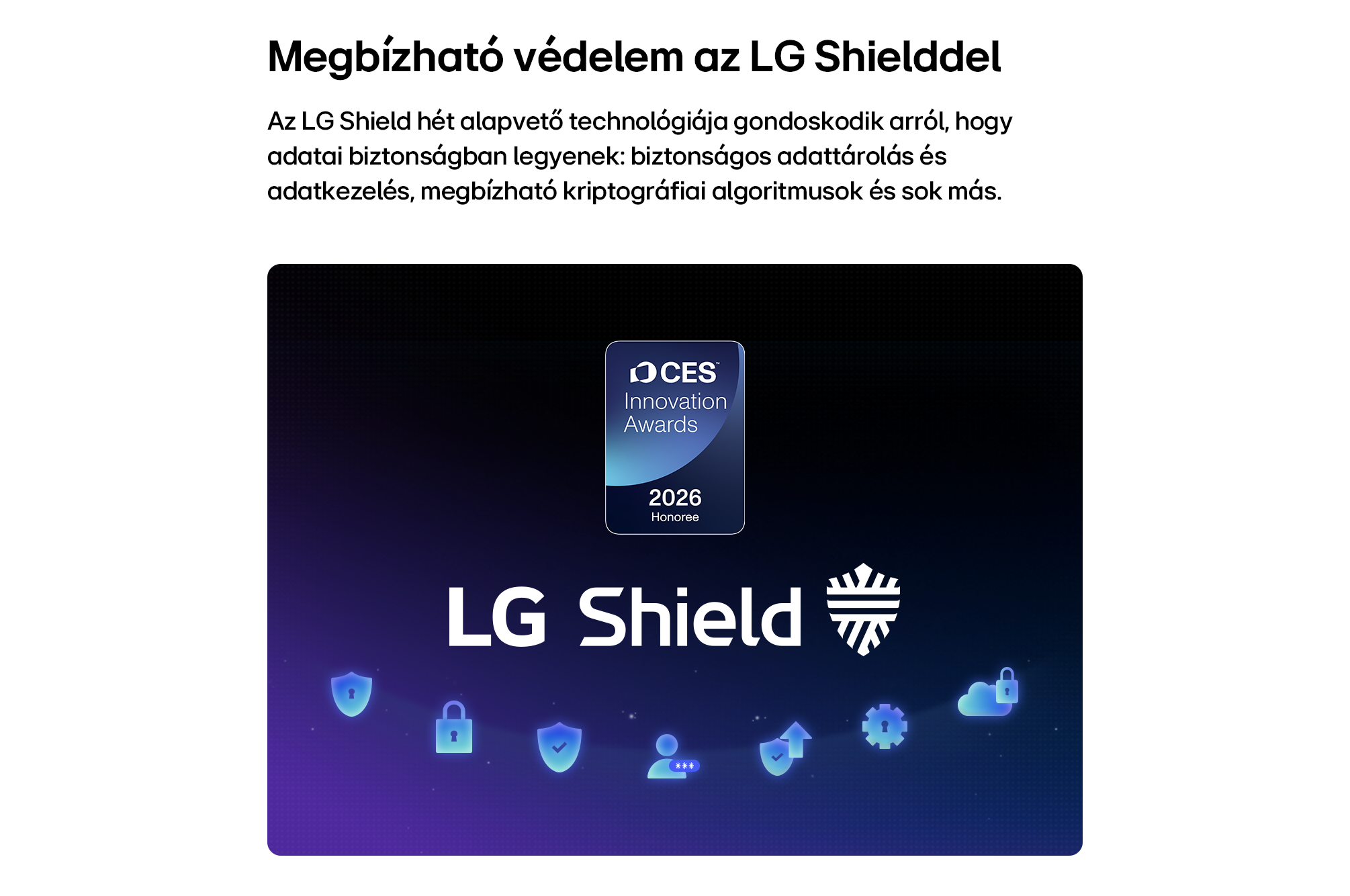 LG Shield banner CES 2026 díjjal és biztonsági ikonokkal kék háttéren.