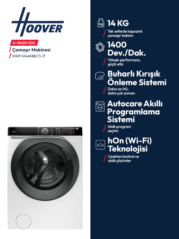 14 kg kapasiteli ve özellik ikonlu Hoover H-WASH 500 çamaşır makinesi.