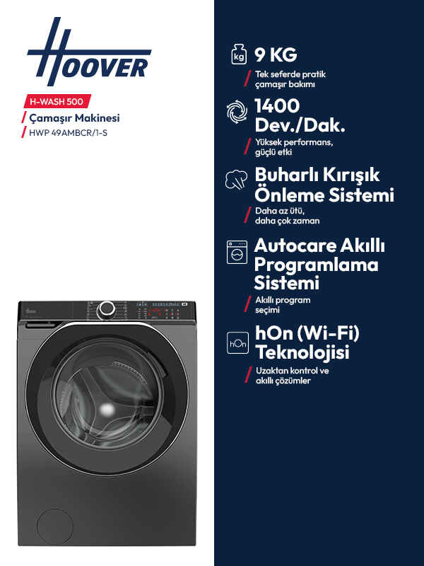 Mavi bir arka plan üzerinde kontrol panelli gri bir Hoover çamaşır makinesi ve özellikleri.
