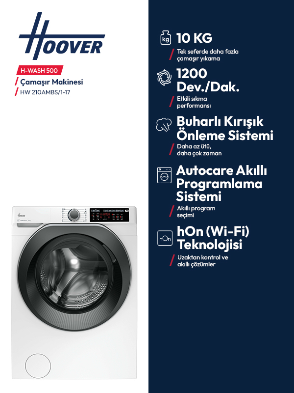 10 kg kapasiteli ve ekranlı Hoover H-WASH 500 çamaşır makinesi, beyaz ve mavi tanıtım afişinde.