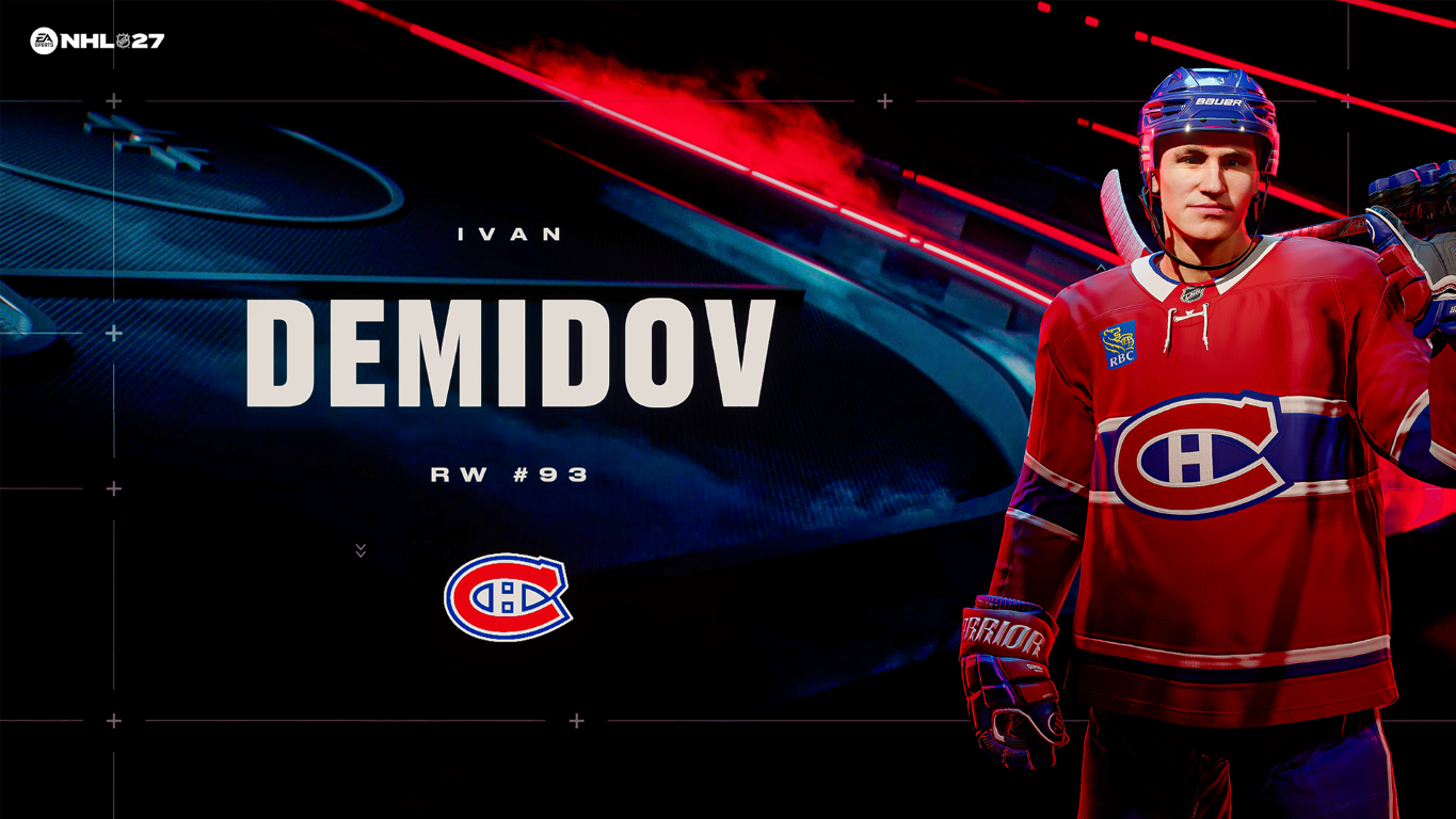 Hokeista Ivan Demidov w czerwonej koszulce na ciemnym tle.