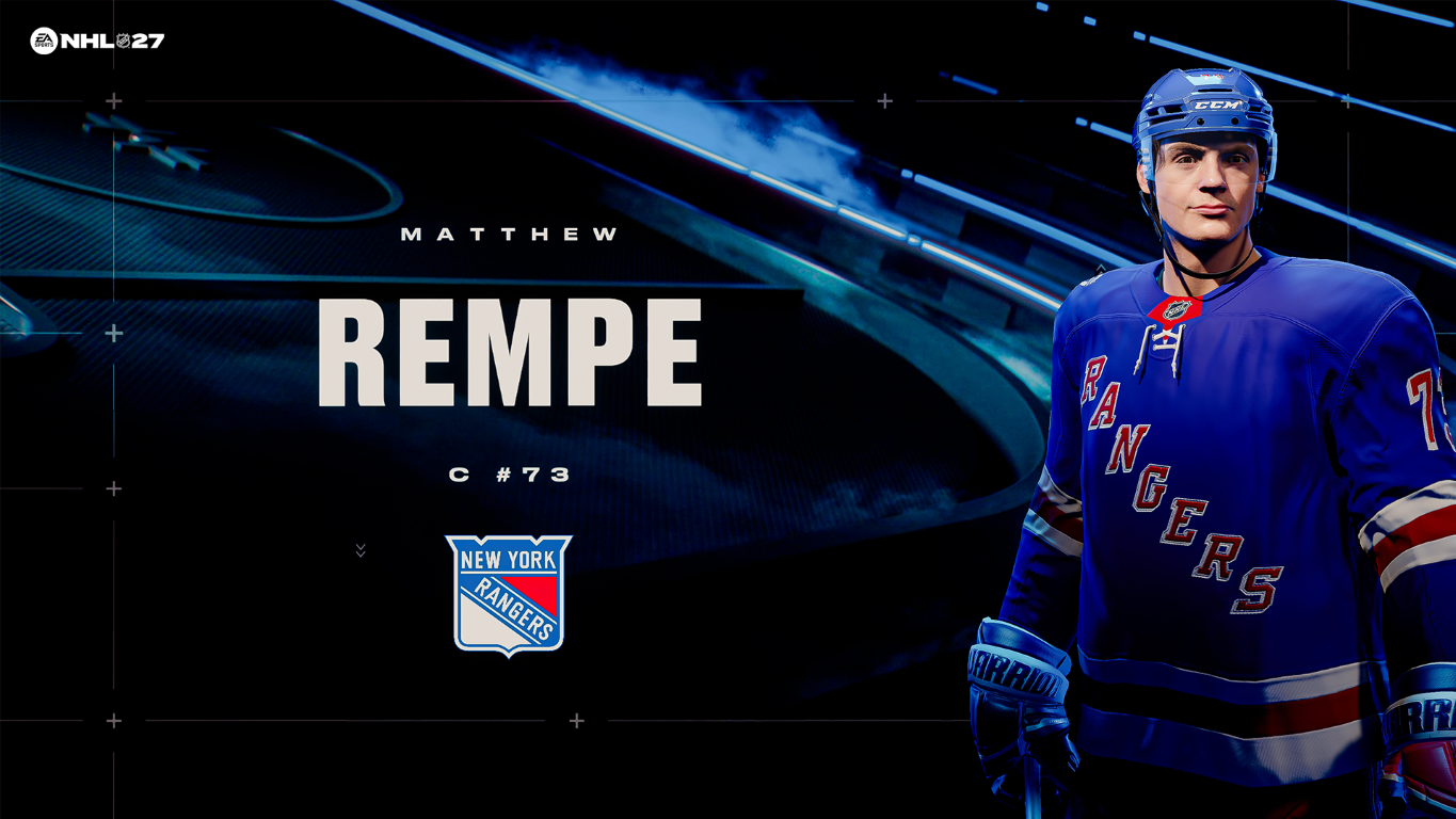 Hokeista Matthew Rempe w niebieskiej koszulce, kasku i rękawicach New York Rangers na ciemnym tle.