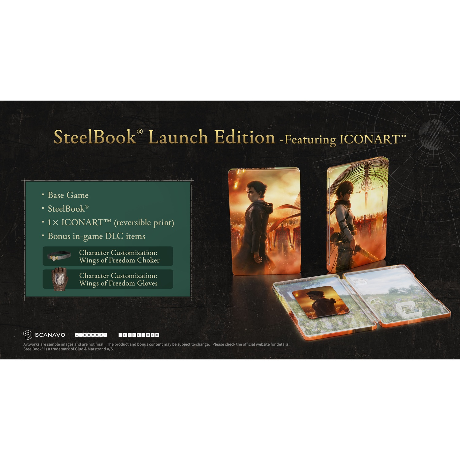 SteelBook Launch Edition inhoud met gamehoes, kunstprints en bonus-DLC's op een donkere achtergrond.