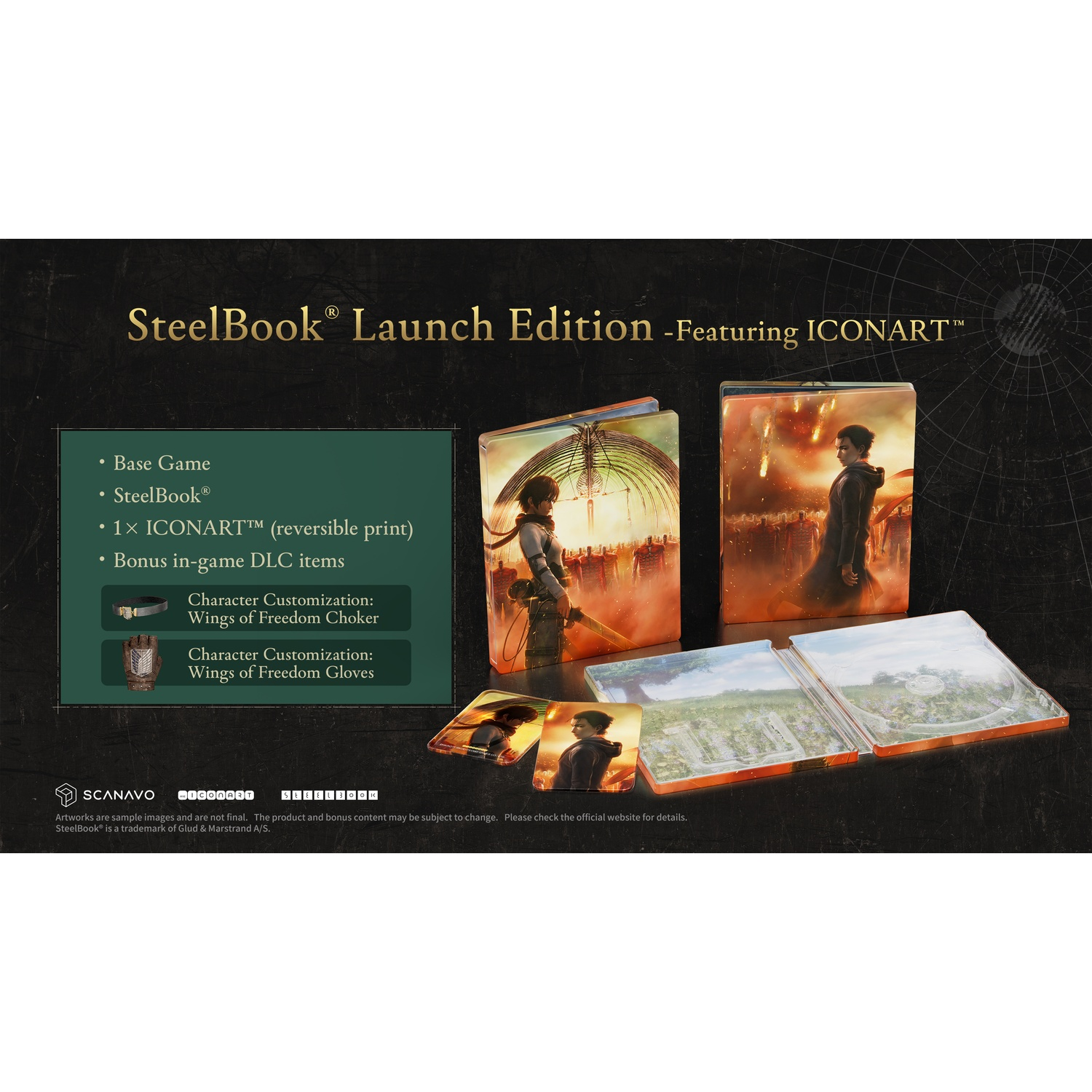 Attack on Titan SteelBook Launch Edition met game, SteelBook, Iconart-print en DLC's.