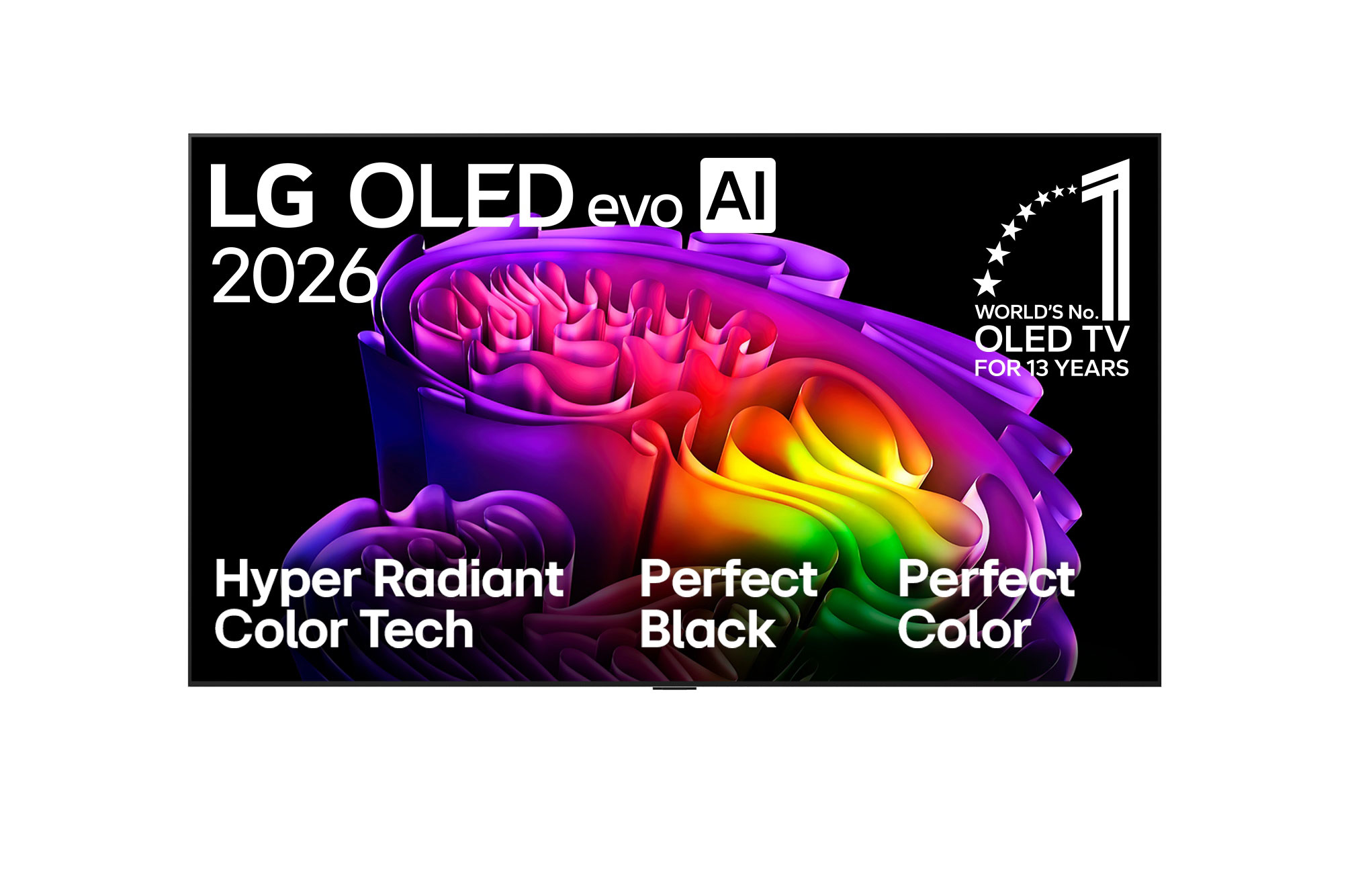 LG OLED evo AI 2026 TV színes elvont háttérrel és jellemzőket leíró szöveggel.
