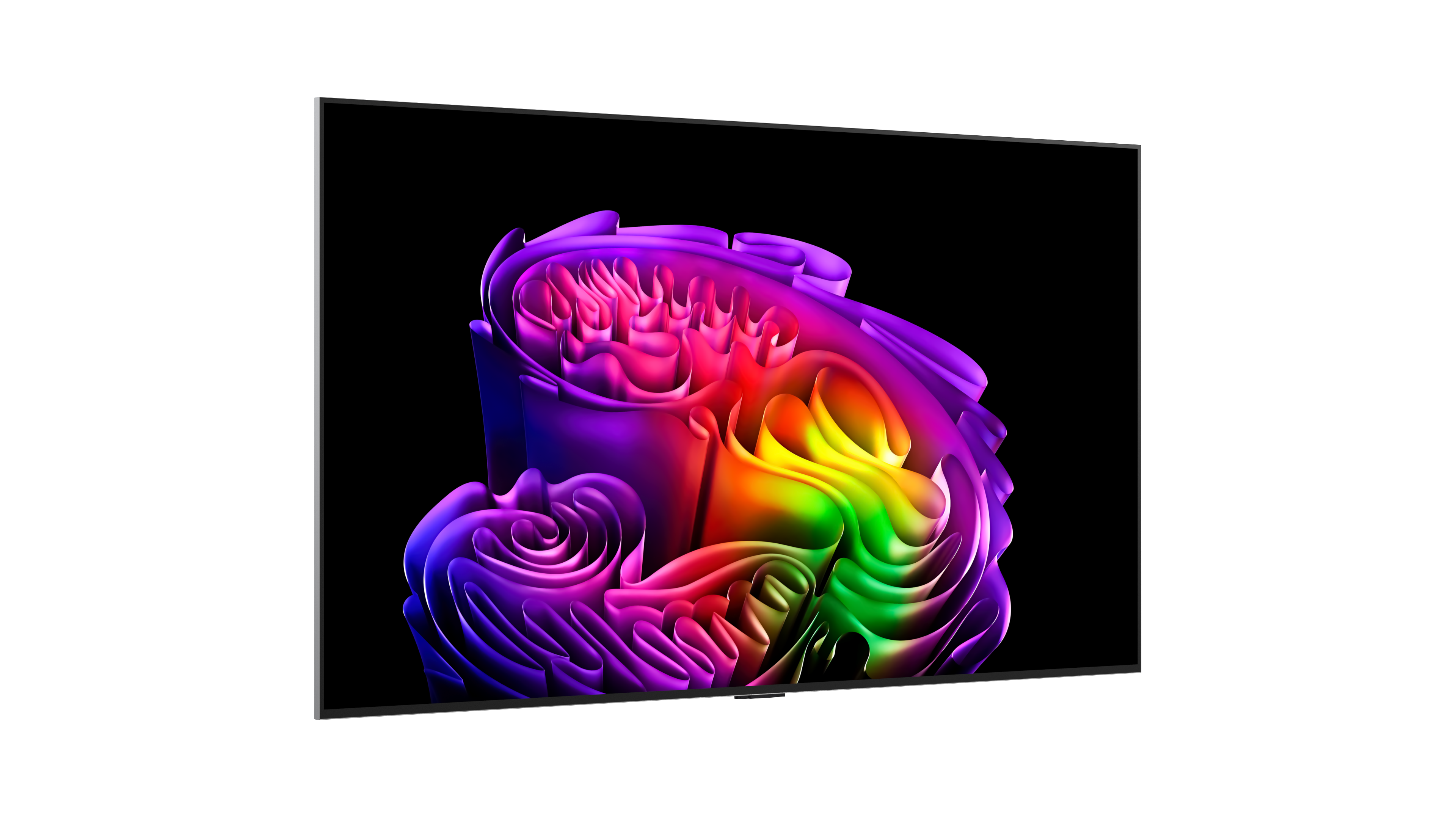 Egy tévé színes, absztrakt, ívelt papírból készült 3D-s formát mutat fekete háttér előtt.