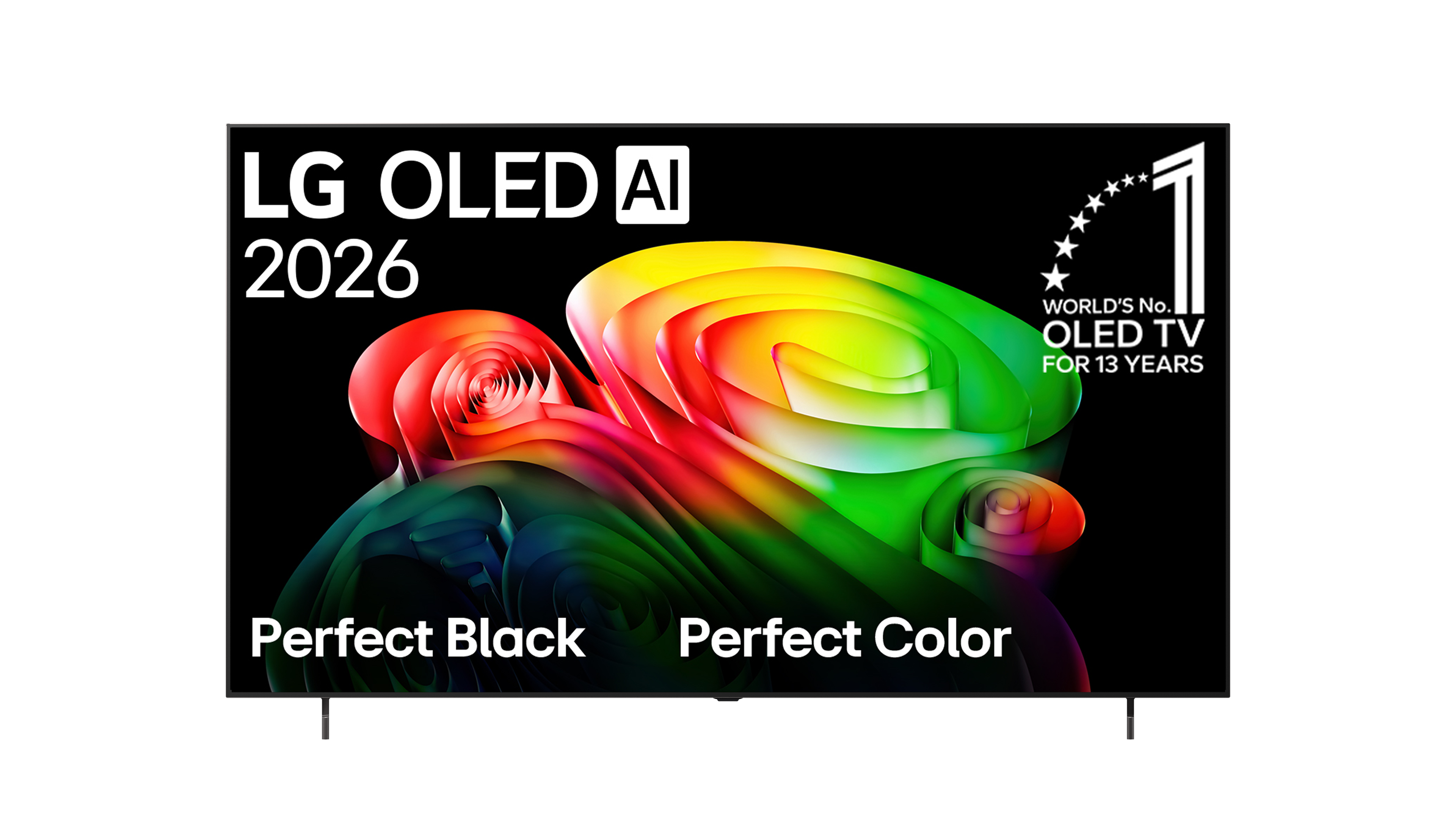 LG OLED TV színes absztrakt képpel, fekete háttérrel és feliratokkal: Perfect Black és Perfect Color.