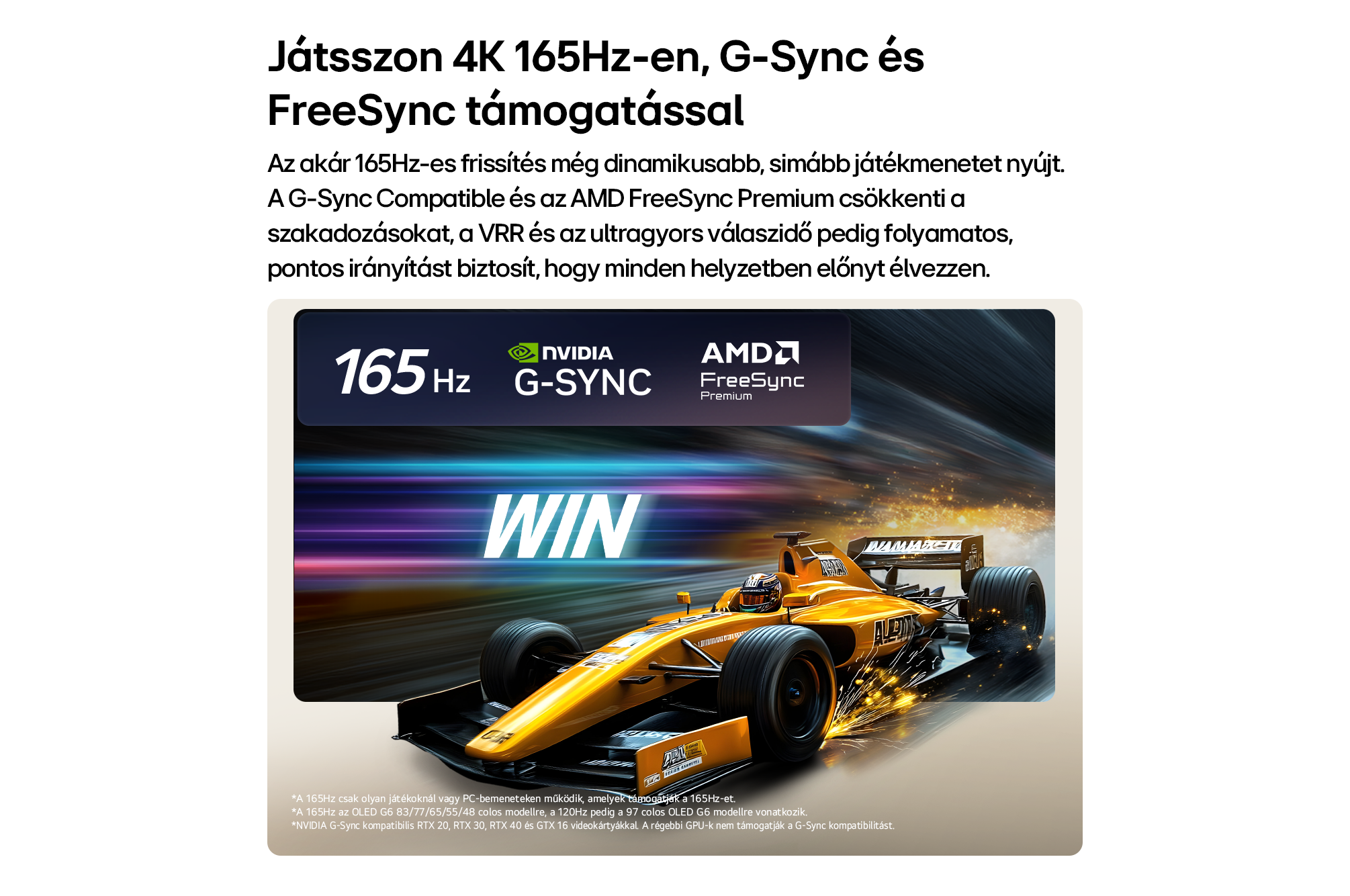 Egy sárga Forma-1-es versenyautó száguld a pályán, Nvidia G-Sync és AMD FreeSync logókkal.