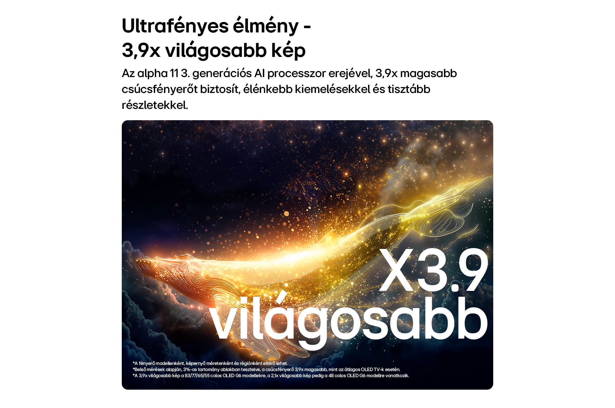 Csillagos égboltban úszó, izzó arany bálna X3.9 világosabb felirattal.