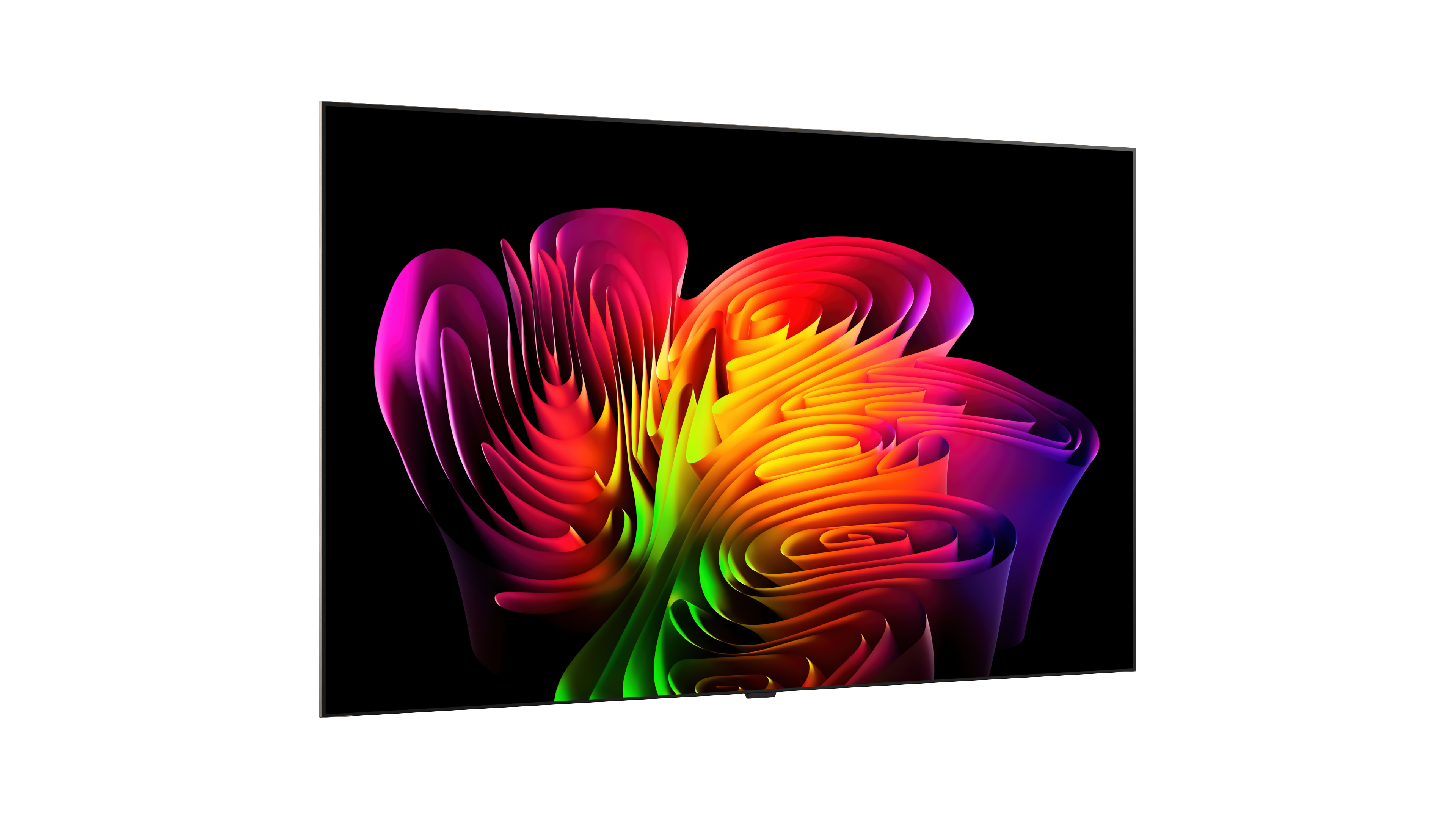 Egy síkképernyős TV élénk, absztrakt, színes 3D szalag-grafikát jelenít meg fekete háttér előtt.