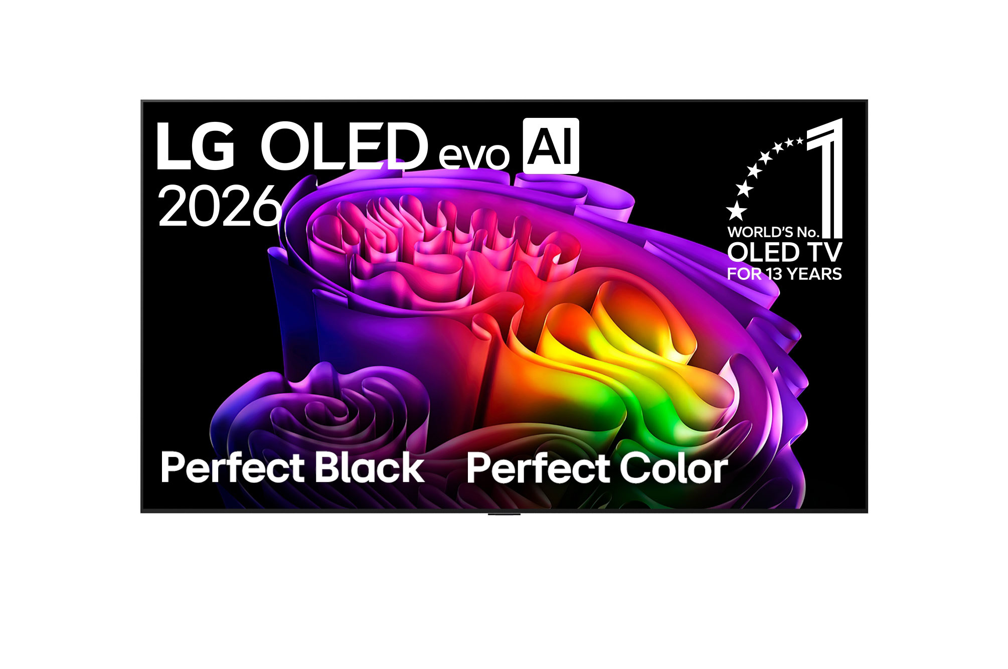 LG OLED evo AI 2026 TV színes absztrakt grafikával és Perfect Black Perfect Color szöveggel.