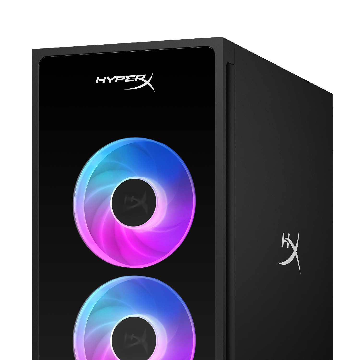 Gabinete de PC negro con dos grandes ventiladores frontales iluminados en color y el logotipo de HyperX.