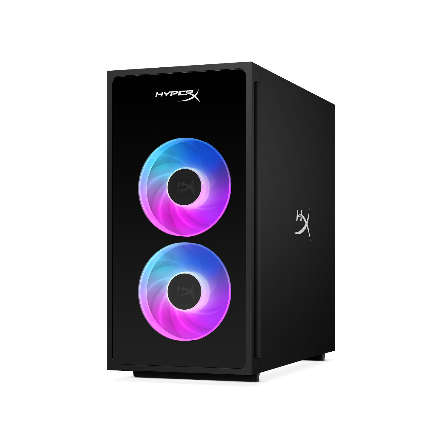 Torre de PC HyperX negra con dos ventiladores iluminados en azul y púrpura y un logotipo blanco.