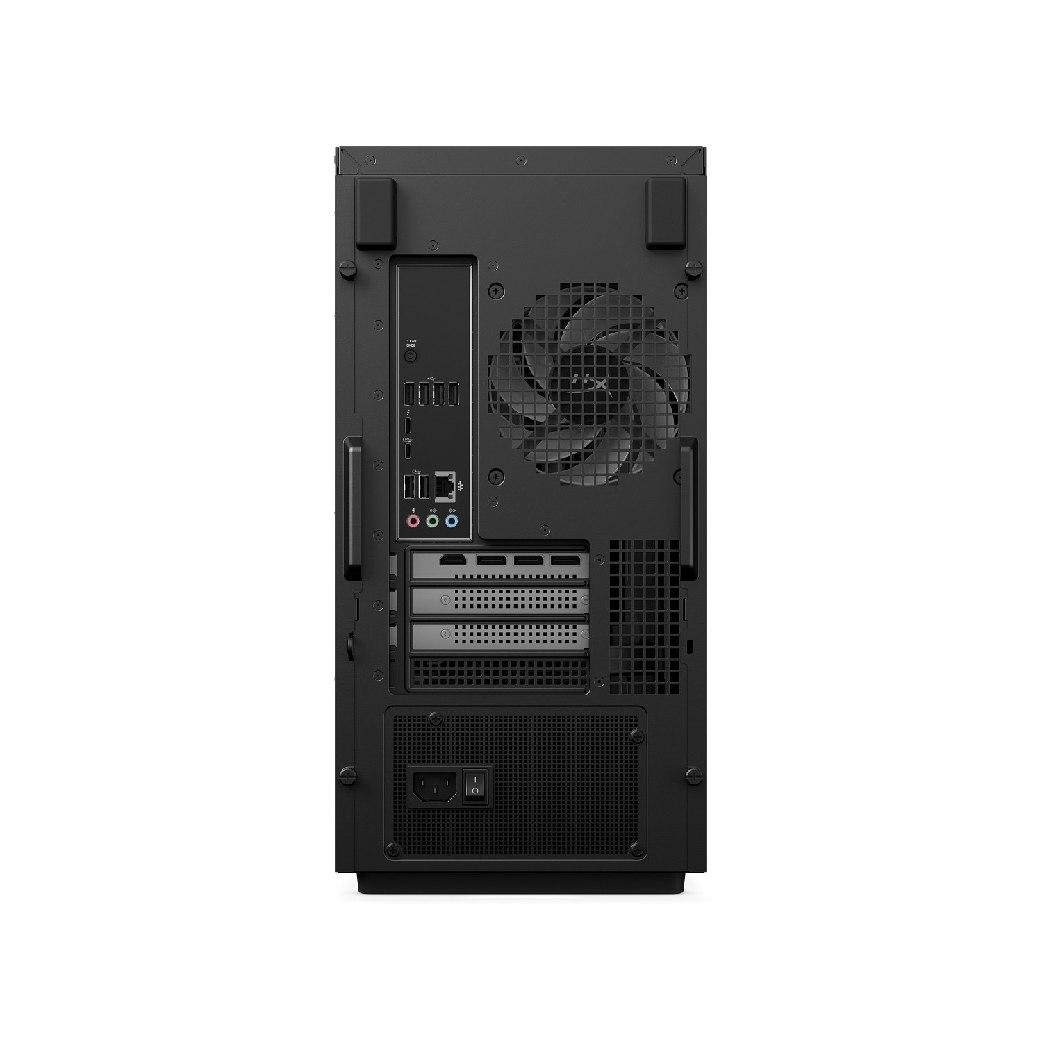 Vista trasera de una torre de PC negra con ventilador, puertos y interruptor de fuente de alimentación.