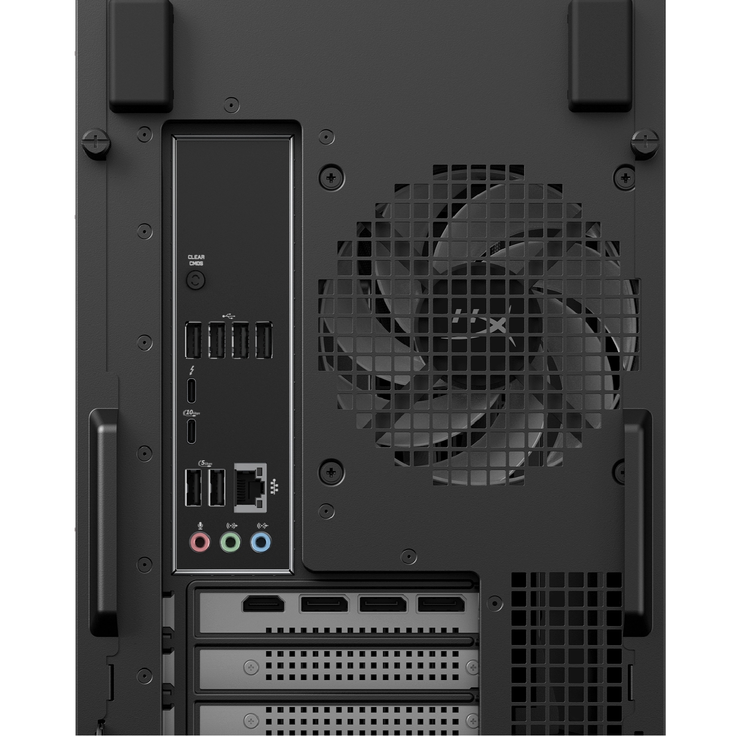 Vista trasera de una torre de PC negra con puertos de E/S, rejilla de ventilador y ranuras.