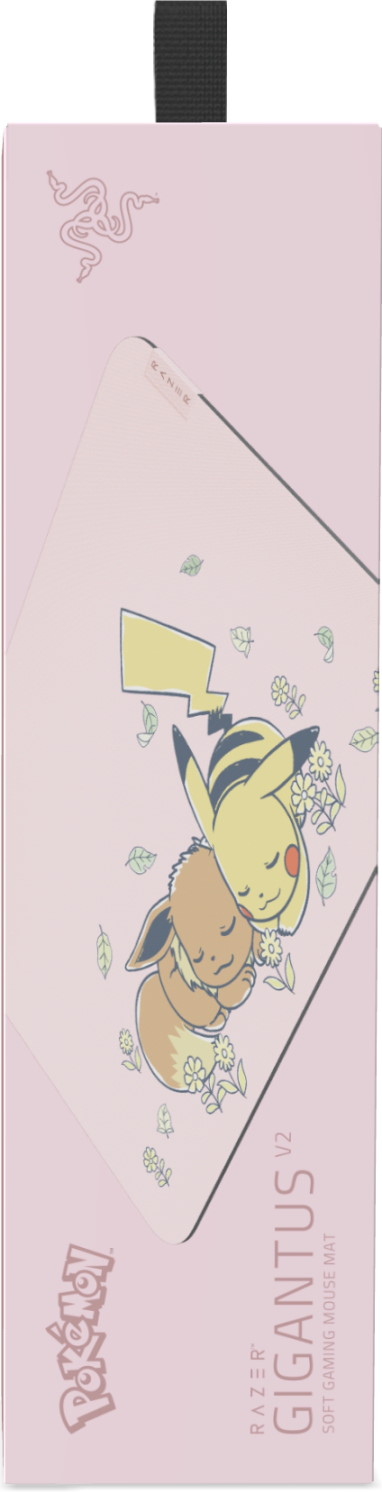 Rosa Razer Gigantus V2 Mausmattenbox mit schlafenden Pikachu und Evoli.