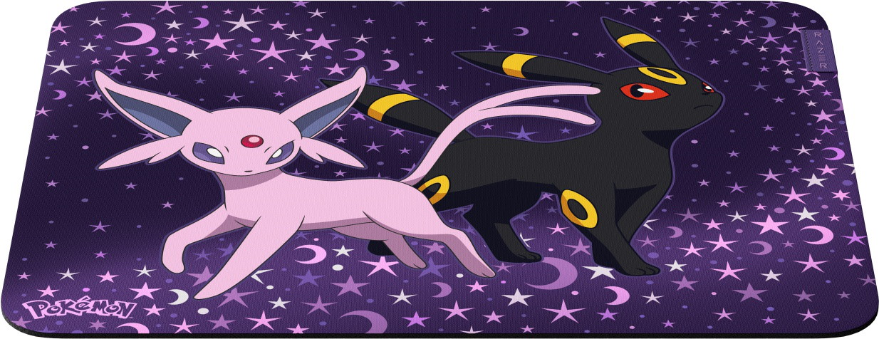 Eine rosa Espeon und ein schwarzes Umbreon auf einem lila Mauspad mit Sternen und Monden.