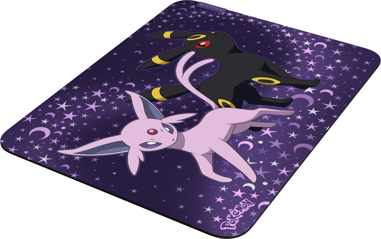 Ein violettes Mauspad mit Sternen und den Pokémon Espeon und Umbreon.