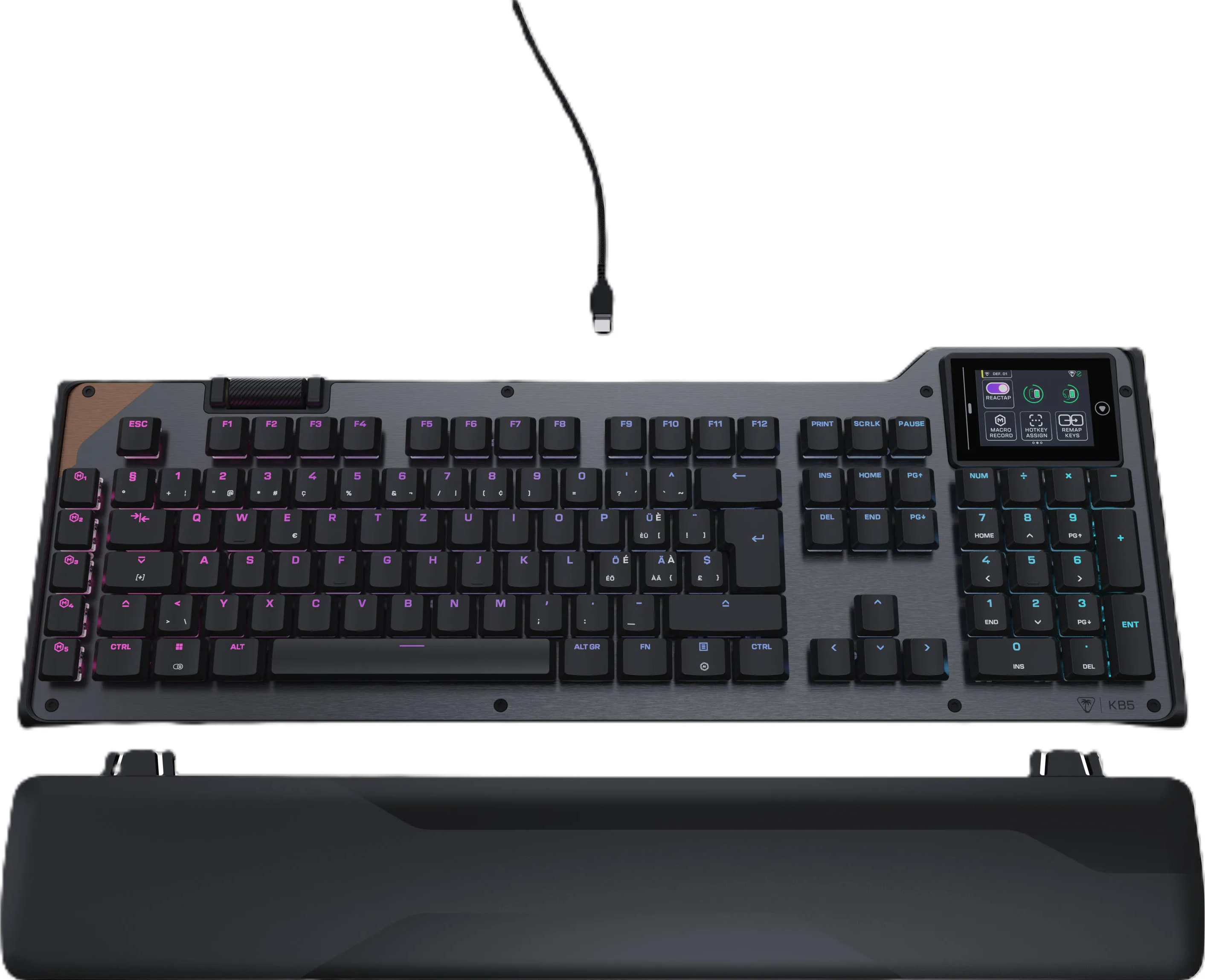 Clavier de jeu noir avec écran intégré, éclairage RVB et repose-poignets amovible.