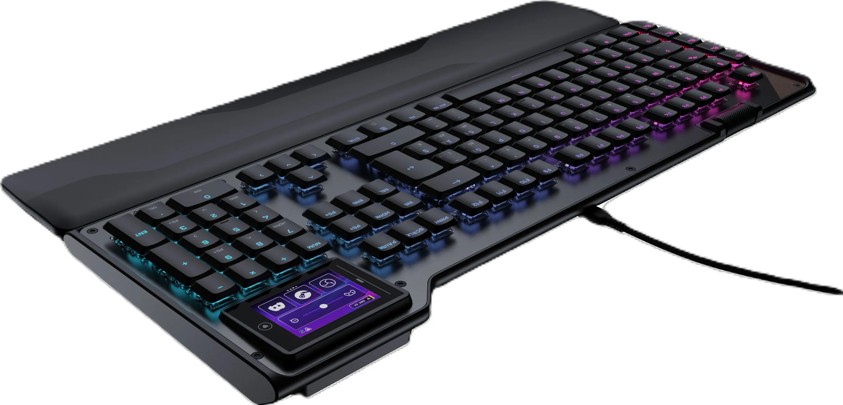 Clavier de jeu noir avec écran tactile intégré, repose-poignets et rétroéclairage coloré.