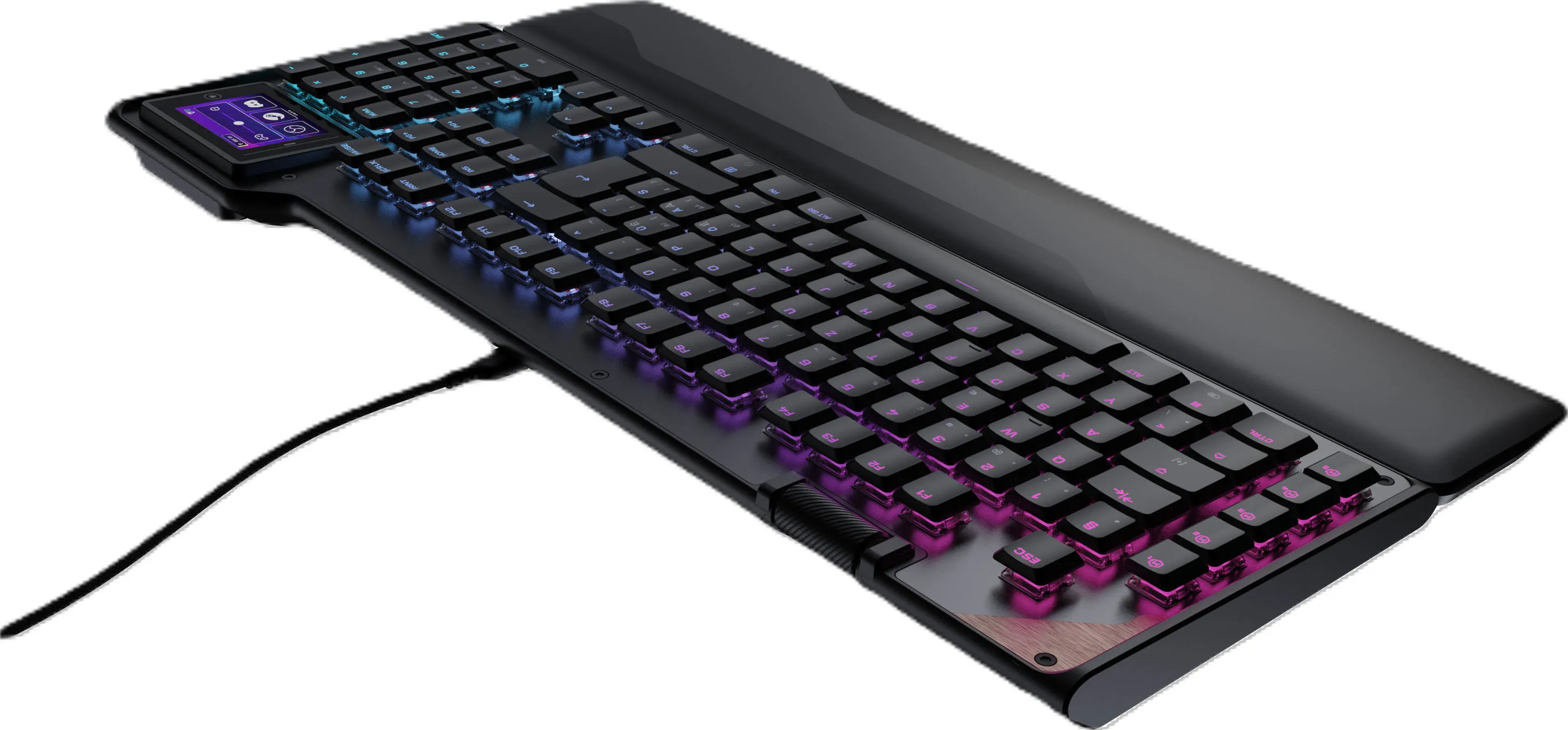 Clavier de jeu noir avec écran tactile intégré, repose-poignets et rétroéclairage rose.