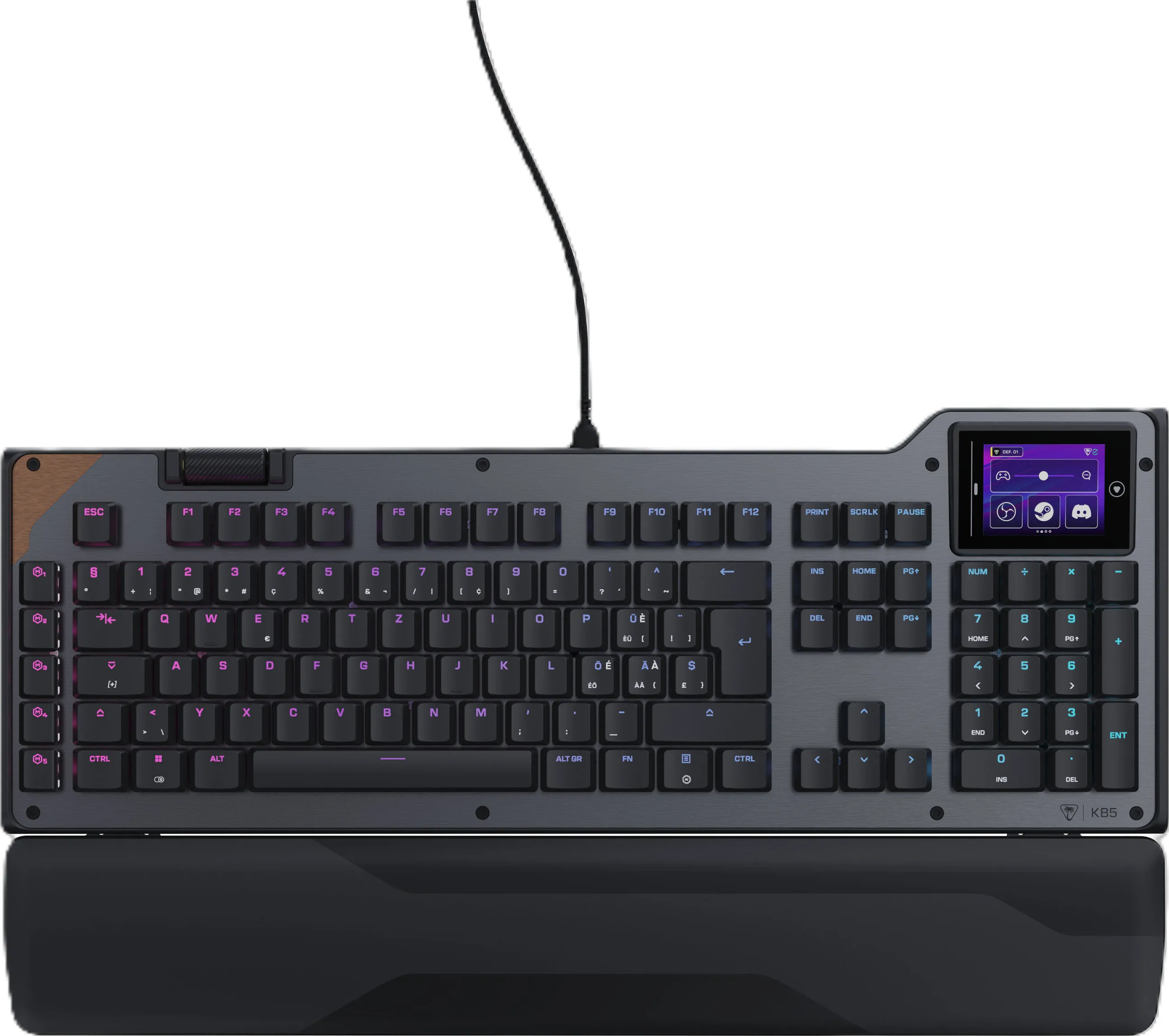 Un clavier de jeu noir avec écran tactile intégré et repose-poignets amovible.