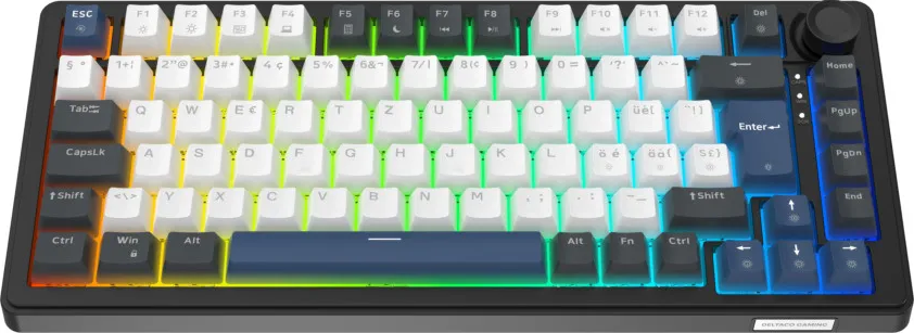 Un clavier noir compact avec des touches blanches et bleues et un rétroéclairage coloré.