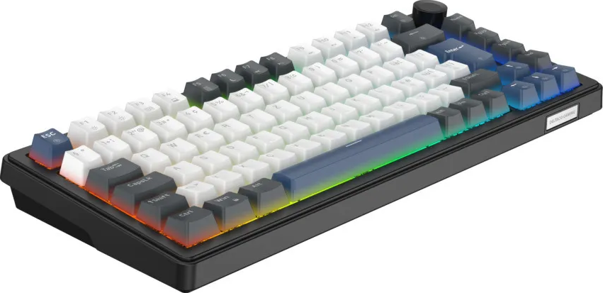 Clavier mécanique compact avec touches blanches et sombres, rétroéclairage RVB et molette.