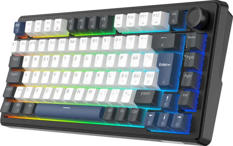 Clavier mécanique noir avec touches blanches et grises et rétroéclairage coloré.