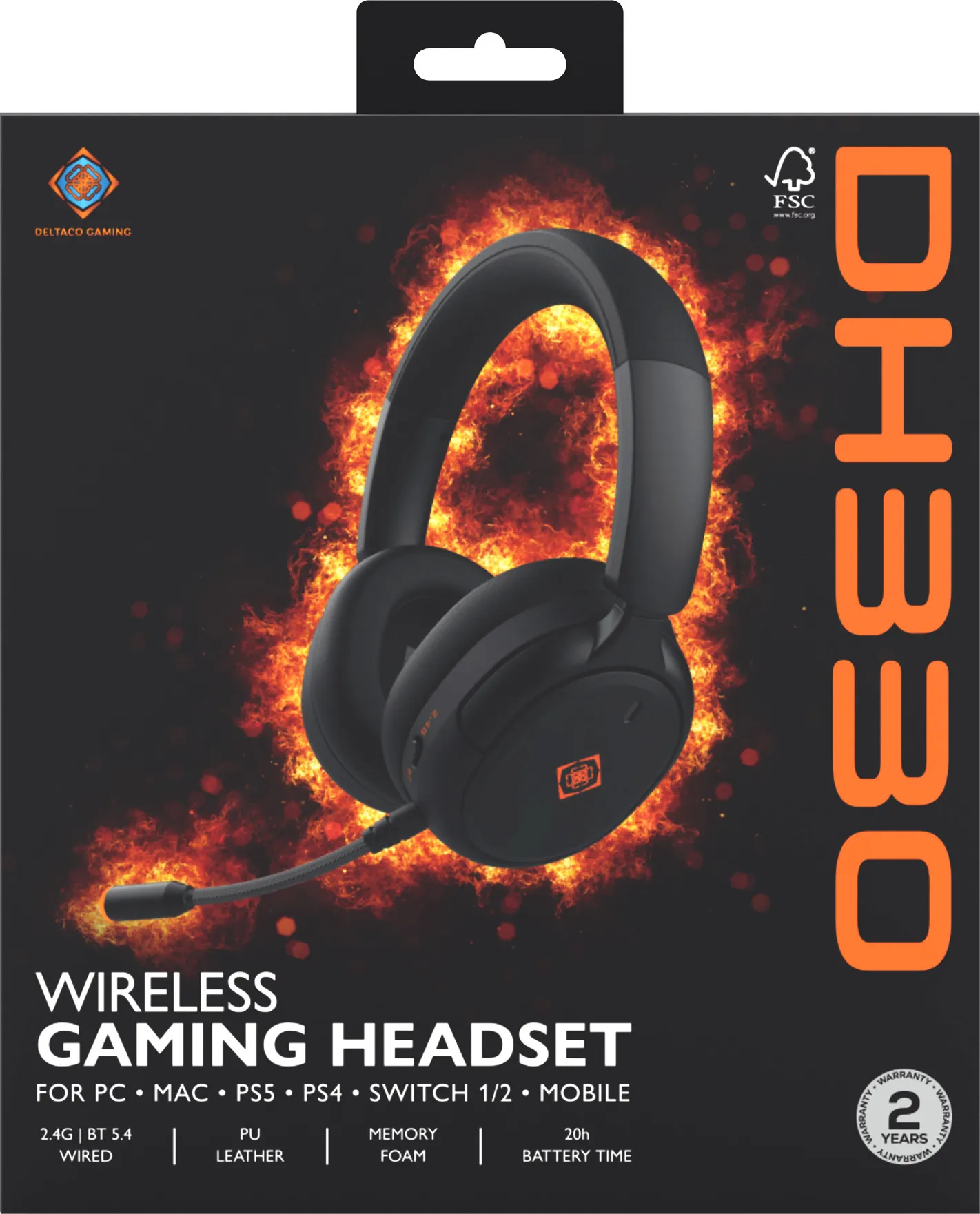 Casque de jeu sans fil noir sur fond ardent dans une boîte de produit.