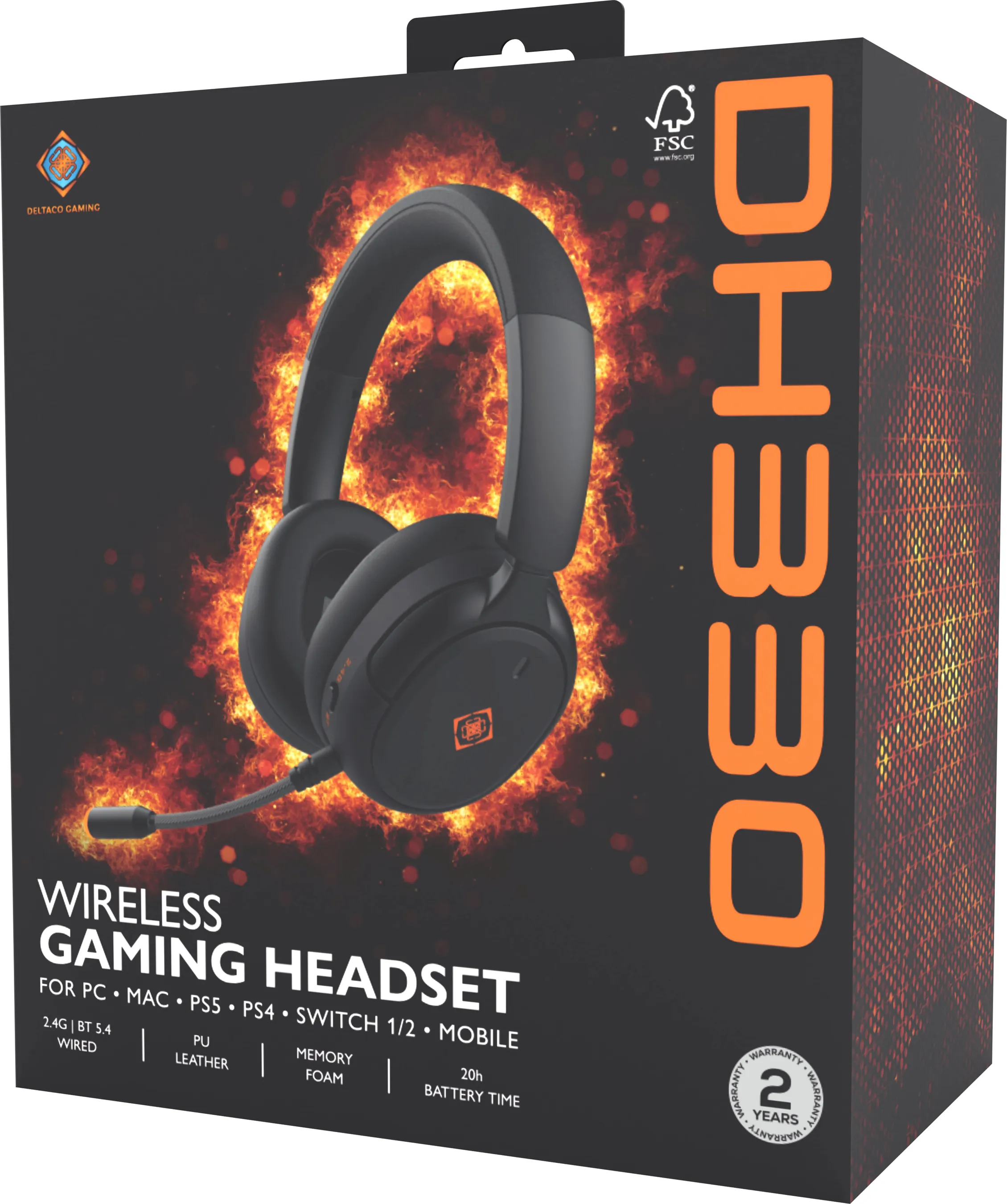 Boîte d'un casque de gaming noir Deltaco avec micro sur fond de flammes.