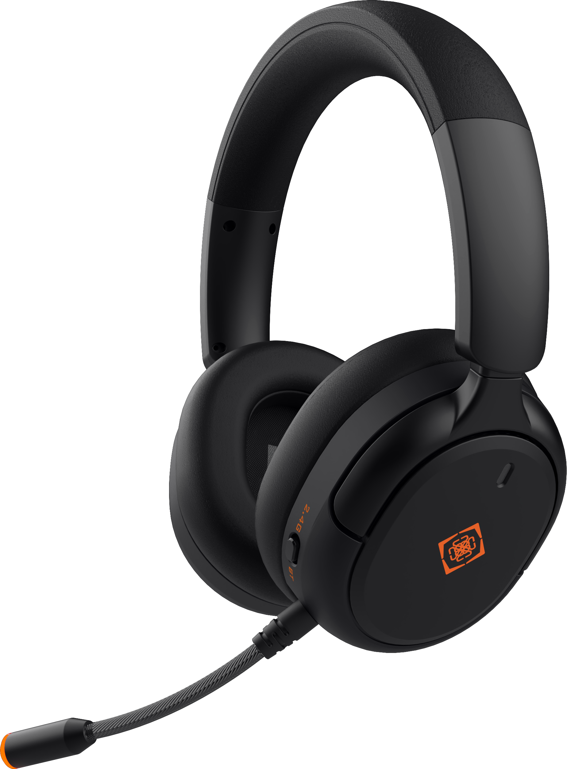 Un casque de jeu sans fil noir avec microphone et logo orange sur fond noir.