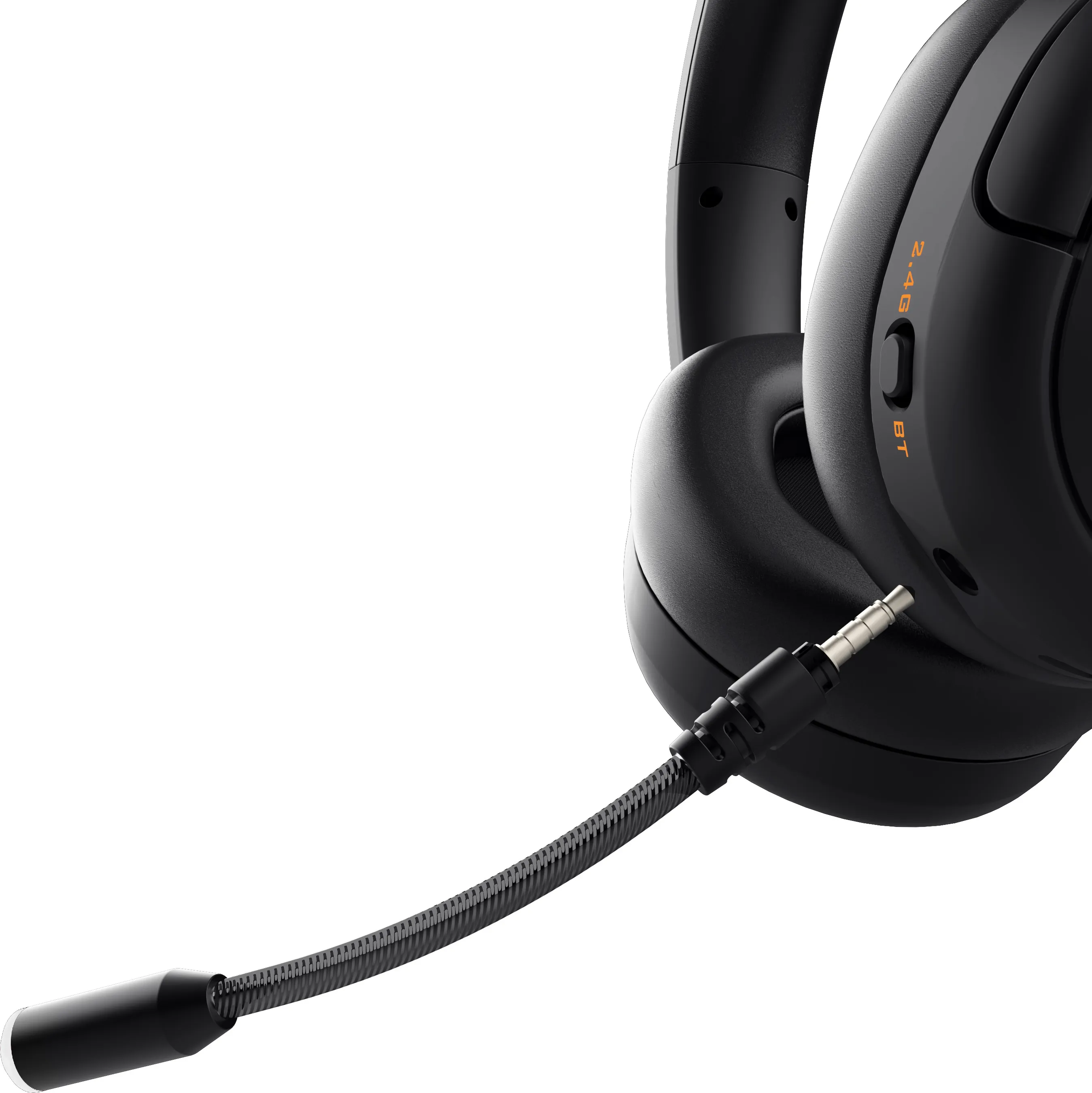 Casque supra-auriculaire noir avec un bras de microphone attaché sur fond blanc.
