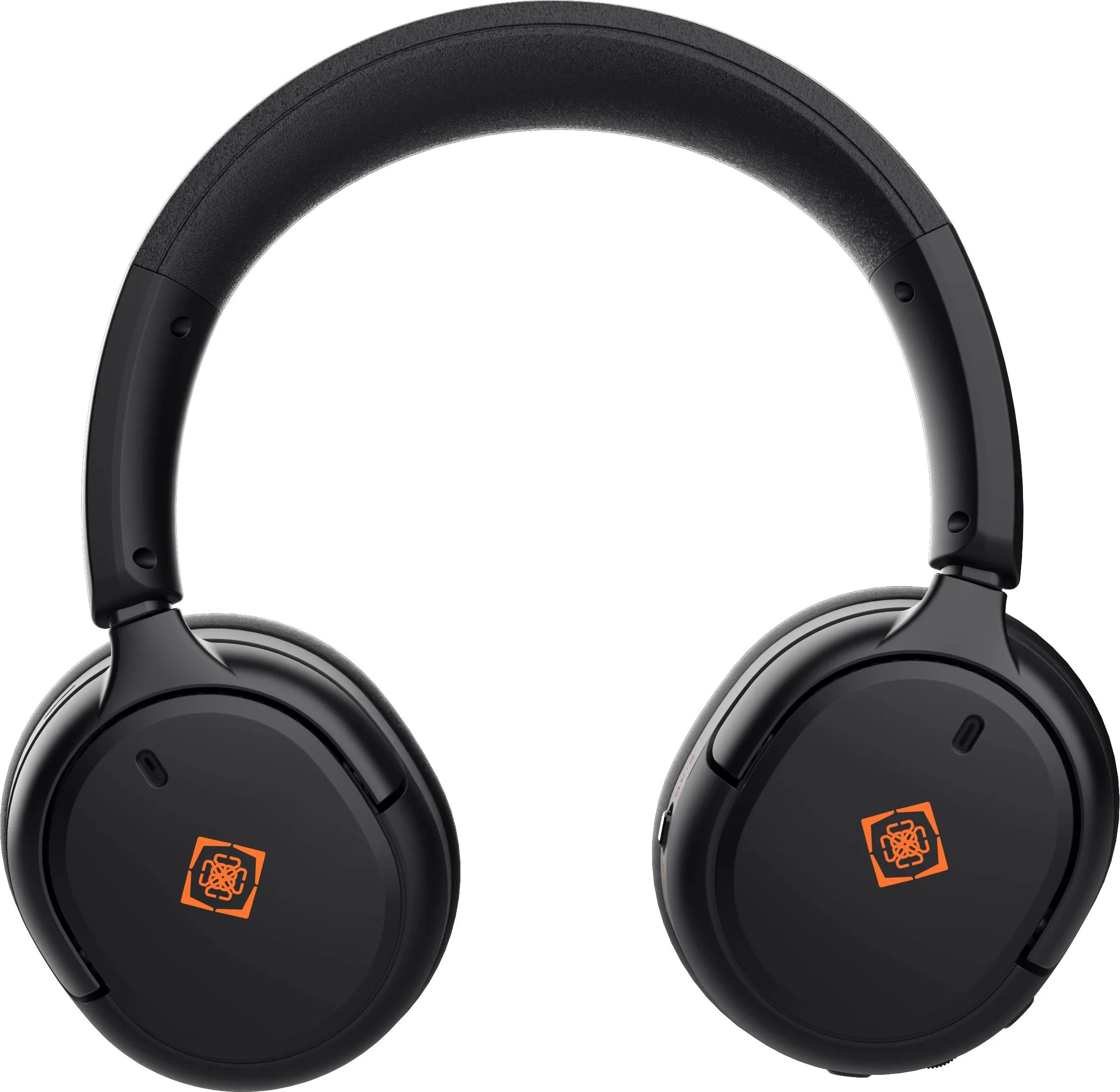 Casque supra-auriculaire noir avec un logo orange sur chaque oreillette, vu de face sur fond blanc.