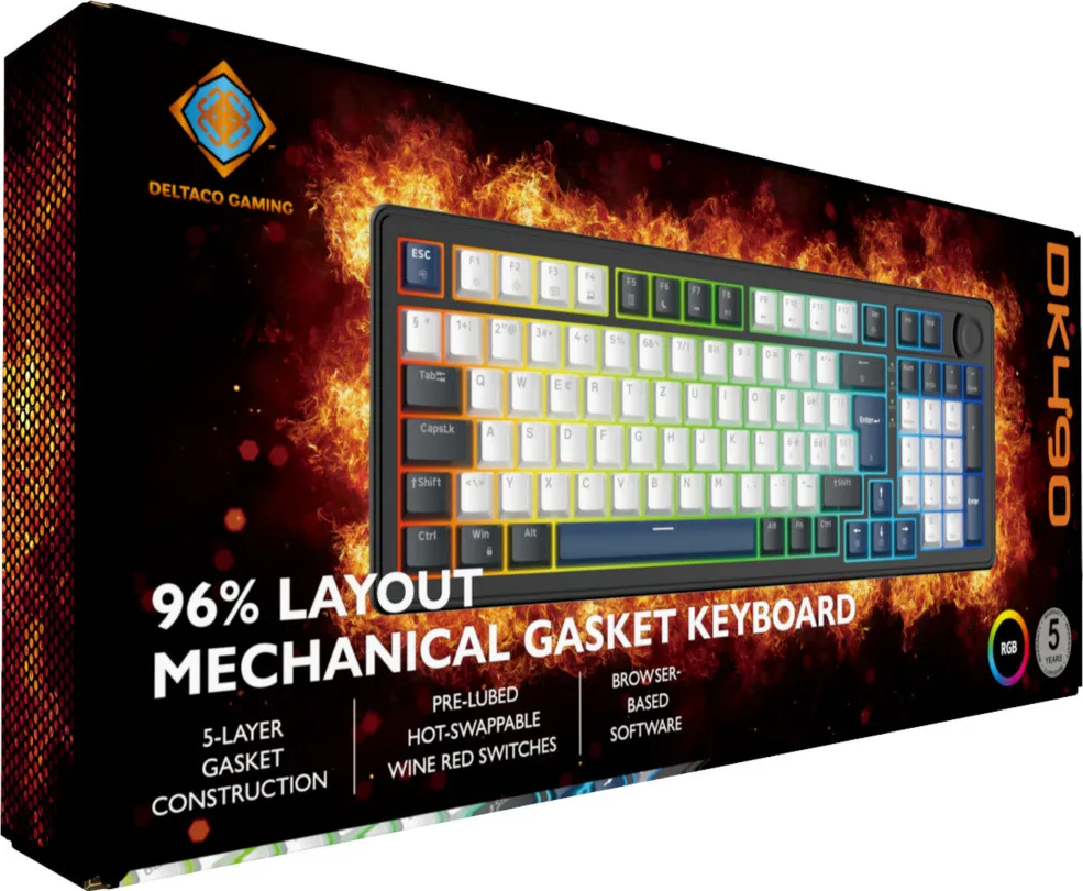 Boîte Deltaco Gaming DK490 avec clavier mécanique sur fond de feu.