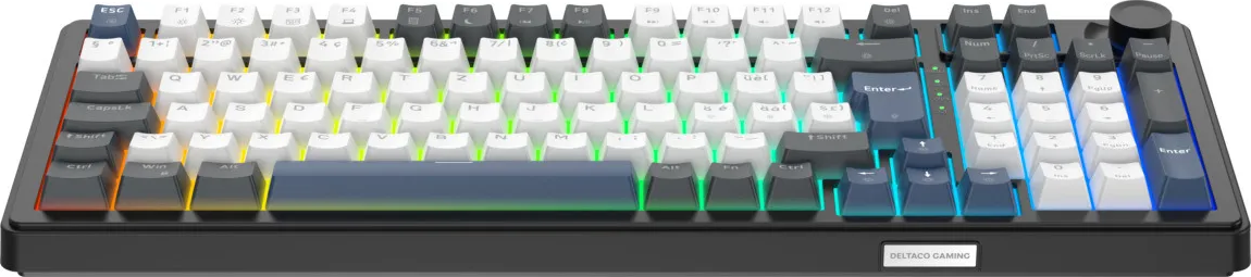Clavier noir avec touches blanches et sombres et rétroéclairage LED coloré.