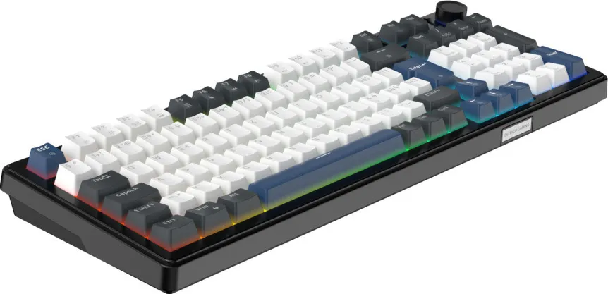 Un clavier de jeu mécanique avec des touches blanches et bleues et un rétroéclairage RVB sur fond blanc.