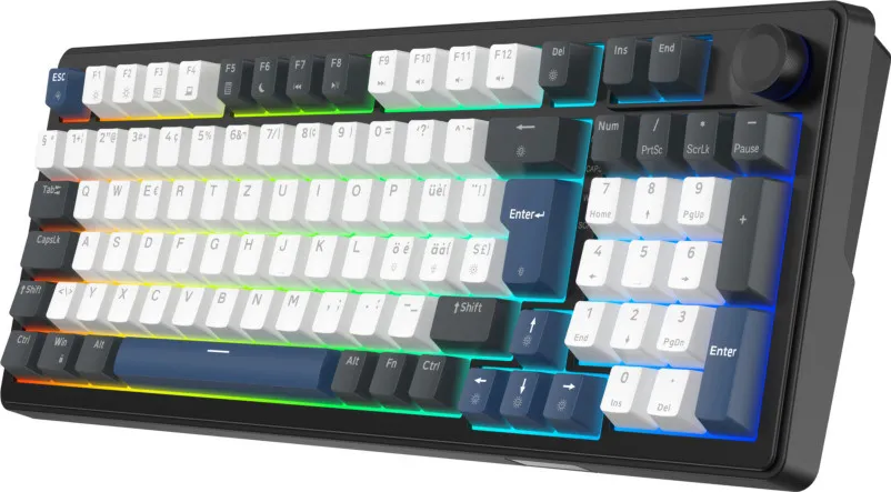 Un clavier mécanique noir avec des touches blanches, grises et bleues, un rétroéclairage arc-en-ciel et un bouton.