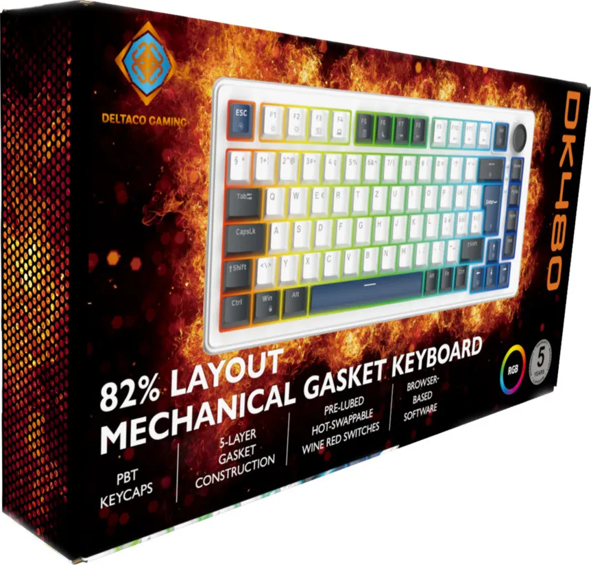 Boîte Deltaco Gaming DK480 avec clavier mécanique et fond de feu.