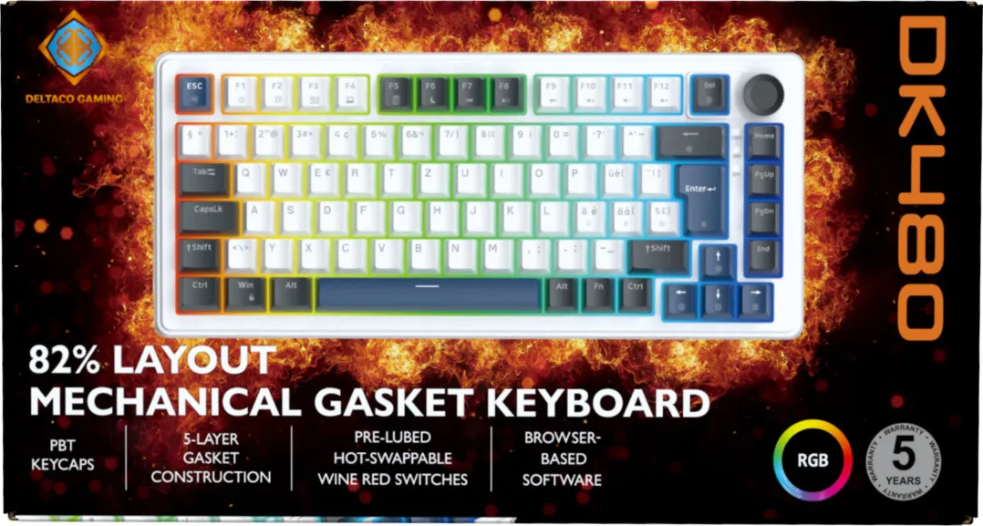 Clavier mécanique Deltaco Gaming DK480 à 82% avec éclairage RVB sur fond ardent.
