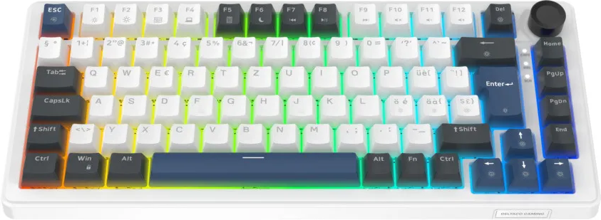 Un clavier mécanique blanc avec des touches rétroéclairées RVB colorées et des accents sombres sur un fond blanc.