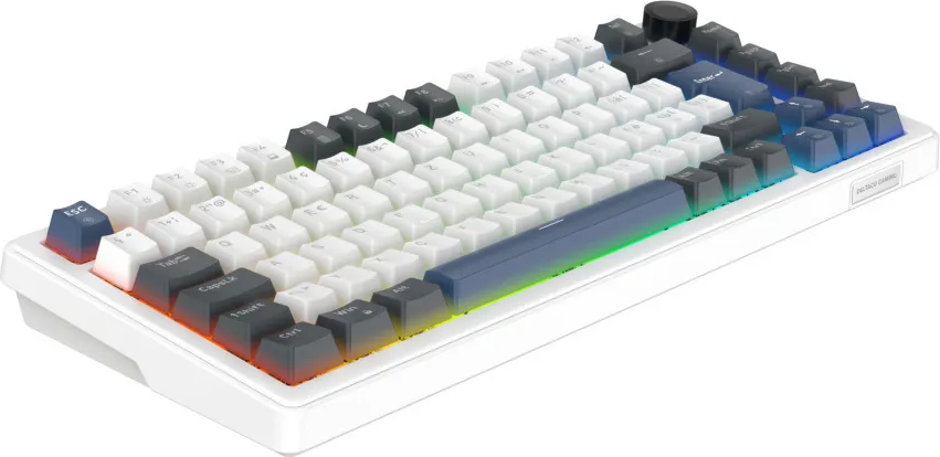 Un clavier mécanique blanc avec des touches bleues et noires et un éclairage LED coloré.