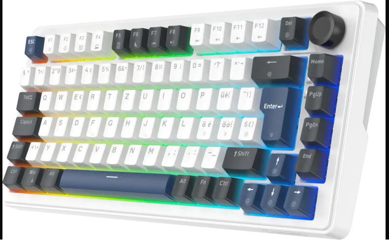Clavier mécanique blanc et bleu foncé avec rétroéclairage RVB et bouton rotatif.