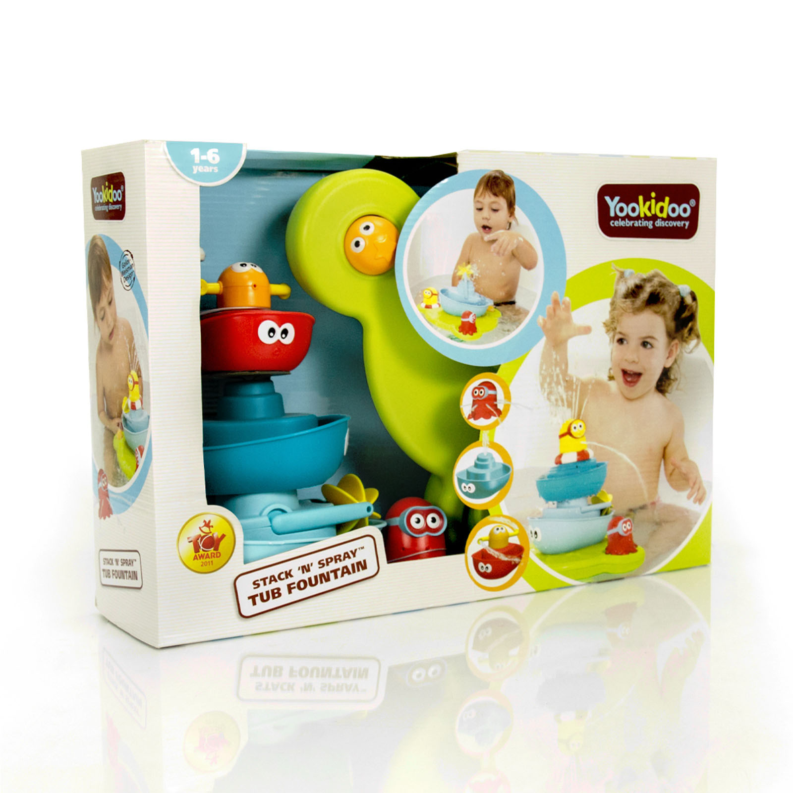 Yookidoo Stack 'N' Spray fürdőkád szökőkút játék színes csomagolásban, fürdőző gyerekekkel.